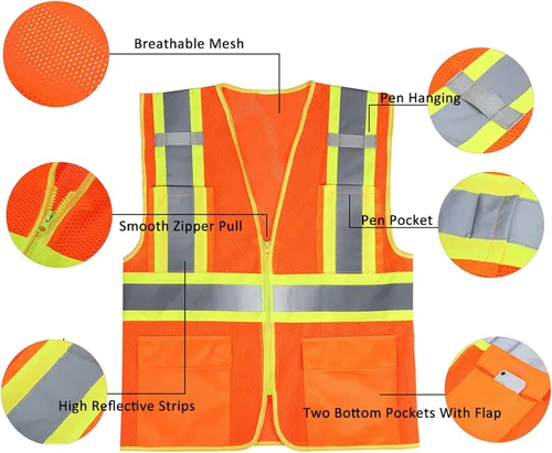 Vista 3 de Chaleco de seguridad reflectante de alta visibilidad con cremallera y bolsillos O/Y, Naranja