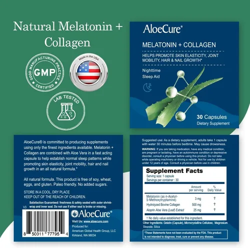 Vista 7 de AloeCure Melatonina natural + colágeno con aloe vera orgánico – Suplemento natural para dormir para noches reparadoras – Complejo de colágeno