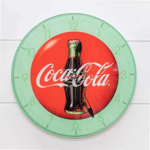 Vista 2 de Mark Feldstein & Associates Botella de Coca Cola Redondo Vintage Botón Rojo Logo 12 x 12 Reloj de Pared de Vidrio