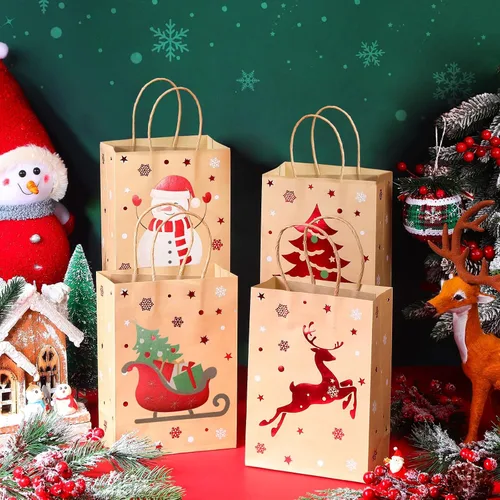 Vista 3 de Yeaqee 80 piezas - bolsas de regalo de Navidad - tamaño pequeño - Merry Christmas Xmas - bolsas de regalo de Navidad con asas - bolsas de papel