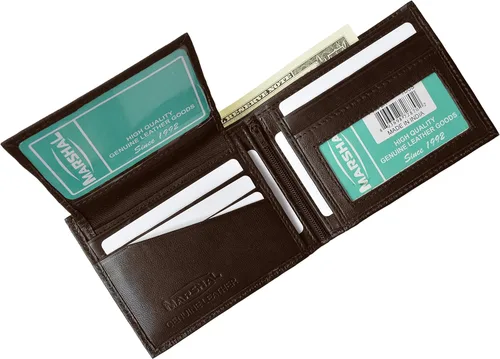 Vista 2 de Cartera de cuero genuino de calidad bi-fold ID con cremallera para hombre marrón