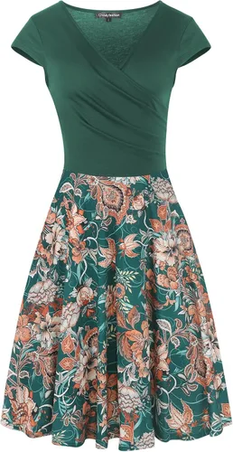 Vista 2 de oxiuly - Vestido casual para mujer con cuello en V, cruzado y con estampado floral, vestido de verano, por debajo de la rodilla, OX233