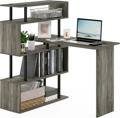 Vista 22 de Furinno Escritorio clásico, escritorio para juegos en forma de L de 40 pulgadas de ancho, escritorio para computadora, escritorio con estantes