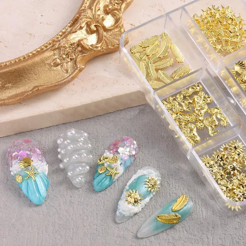 Vista 5 de COOSLIM 2 cajas de aretes de acero para verano, perlas de metal, gemas para uñas, conchas doradas, estrellas de mar, aleación de caballito de mar