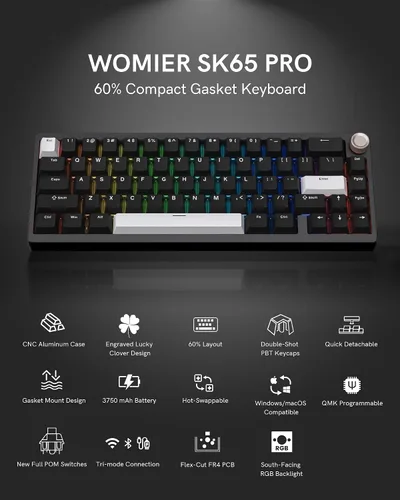Vista 2 de Womier SK65 - Teclado mecánico inalámbrico para juegos con perilla, teclado de aluminio 60% para PC, Bluetooth 5.02.4GHzUSB-C con cable, interruptor