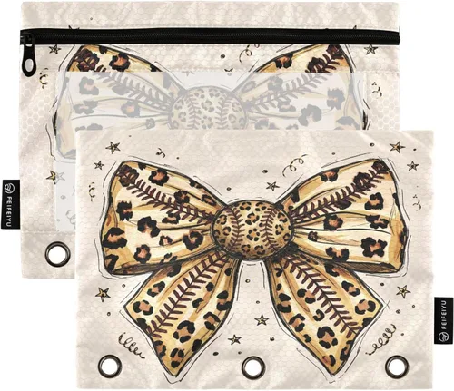 Vista 10 de Estuche de béisbol blanco para lápices de 3 anillas, paquete de 2 carpetas para lápices, estuche transparente con cremallera, bolsa de cosméticos