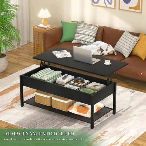 Vista 4 de Homieasy - Mesa de café, mesa de centro con tablero elevado y estante de almacenamiento con compartimento oculto, mesa moderna con tablero elevado
