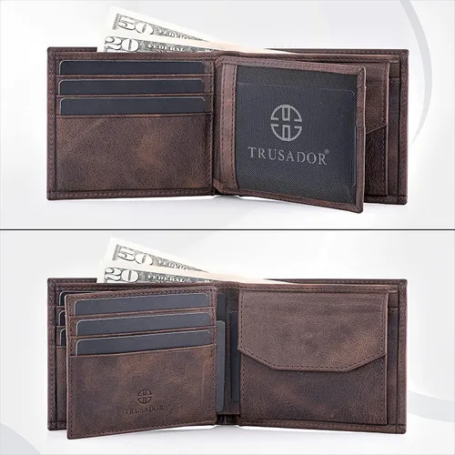 Vista 2 de TRUSADOR Treviso - Carteras plegables de cuero para hombre, con bolsillo para monedas, bloqueo RFID, Marrón, Clásico