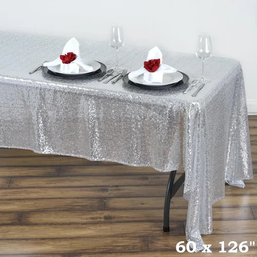 Vista 2 de Tableclothsfactory Luxury Collection Duchess - Mantel rectangular de lentejuelas, 60 x 126 pulgadas, color plateado