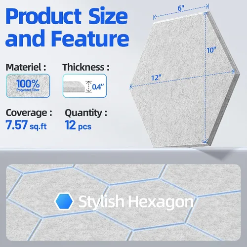 Vista 5 de Paquete de 12 paneles acústicos hexagonales con autoadhesivos, paneles de espuma a prueba de sonido de 12 x 10 x 0.4 pulgadas para paredes, paneles