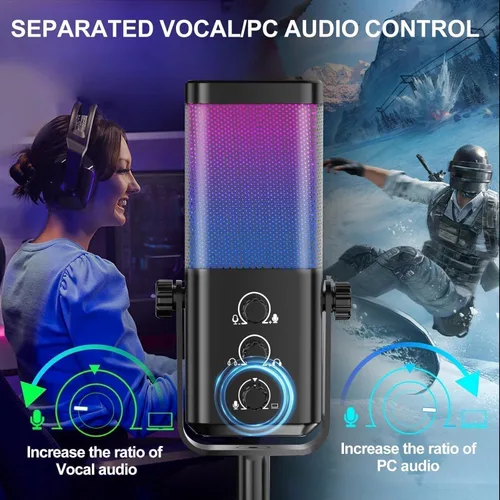 Vista 3 de Micrófono USB para juegos con equilibrio de chat de juego, micrófono de condensador RGB con cancelación de ruido, silencio rápido y monitoreo
