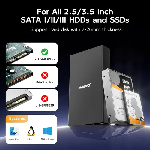 Vista 4 de MAIWO Caja de Carcasa Externa para Disco Duro SATA de 2.5 3.5 Pulgadas SSD HDD, USB C 3.1 GEN2 de 10Gbps Lector de Disco Duro con UASP, Capacidad