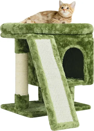 Vista 14 de SYANDLVY Árbol pequeño para gatos grandes de interior, condominio para gatitos con poste rascador y tabla, torre de actividades moderna con cueva