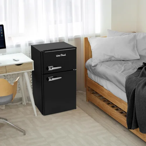 Vista 8 de West Bend - Mini refrigerador con congelador para dormitorio, oficina, bar o dormitorio, refrigerador compacto retro con estantes de vidrio Negro