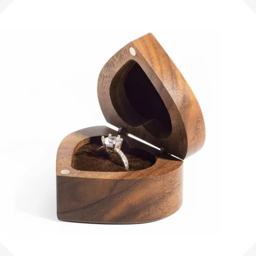 Vista 4 de Caja de anillo de madera de nogal en forma de corazón, organizador de pecho de joyería, aretes, moneda, caja de presentación de madera, caja