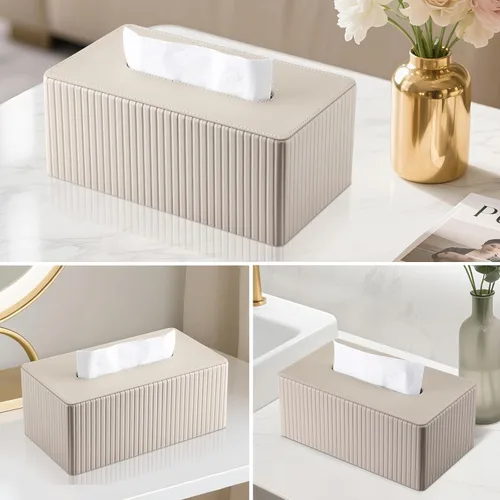Vista 6 de KINGFOM Funda de caja de pañuelos de cuero sintético PU, soporte rectangular para caja de pañuelos con fondo magnético, dispensador de servilletas