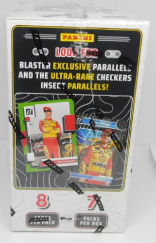 Vista 3 de Donruss Racing NASCAR Factory Sealed Blaster Box 2023. 7 paquetes de 8 cartas. 1 tarjeta de autógrafo o recuerdo en promedio. 7 paralelos de lima