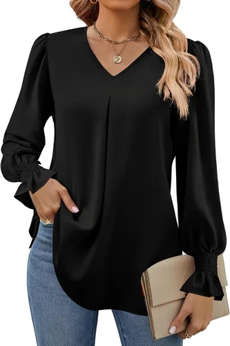 Vista 13 de Funlingo Blusas de mujer con mangas largas 2025, elegantes y casuales, con cuello en V, túnica suelta de gasa para el trabajo