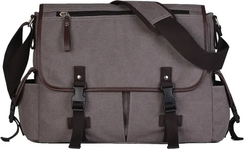 Vista 9 de Bolsa de mensajero vintage de lona para laptop de 15.6 pulgadas para hombres y mujeres, bolsa de hombro para computadora universitaria, maletines