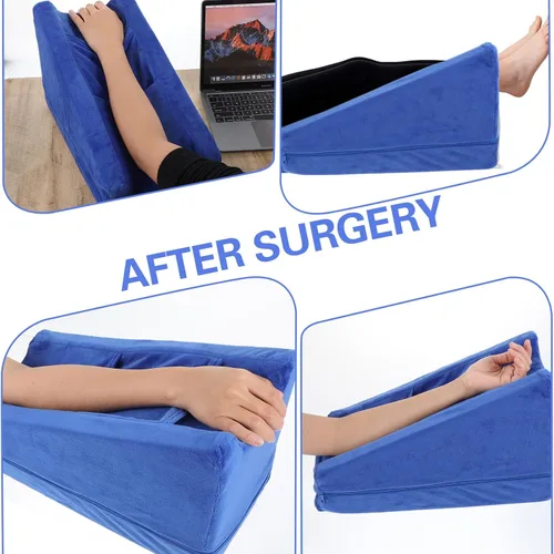 Vista 4 de Almohada de brazo gris con 2 bolsillos, almohadas de apoyo ergonómicas suaves para reposar codos en forma de cuña y brazo roto regalos con espuma