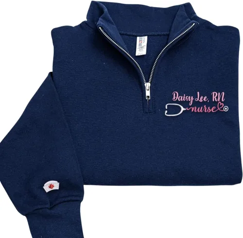 Vista 21 de COUPLEHOODIES - Sudadera de enfermería bordada con nombre, personalizada, con cremallera de un cuarto, regalo para asistente de enfermería