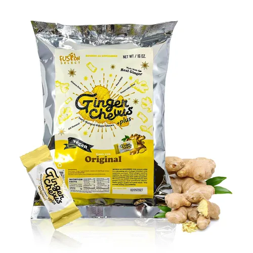 Vista 15 de Fusion Select Ginger Chews - Delicias dulces y confitadas suaves de Indonesia - Promueven el alivio de las náuseas matutinas, malestar estomacal