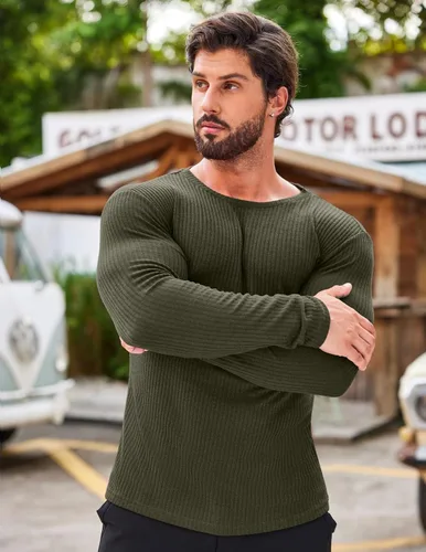 Vista 2 de COOFANDY Paquete de 2 camisetas musculares para hombre, elásticas, de manga larga, para gimnasio, entrenamiento, fisicoculturismo, camisetas