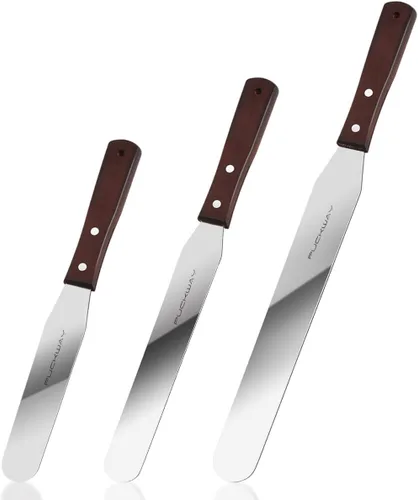 Vista 8 de Juego de 3 espátulas profesionales de acero inoxidable para glaseado (hoja flexible resistente de 4 a 6 a 8 pulgadas) en ángulo con mango de madera