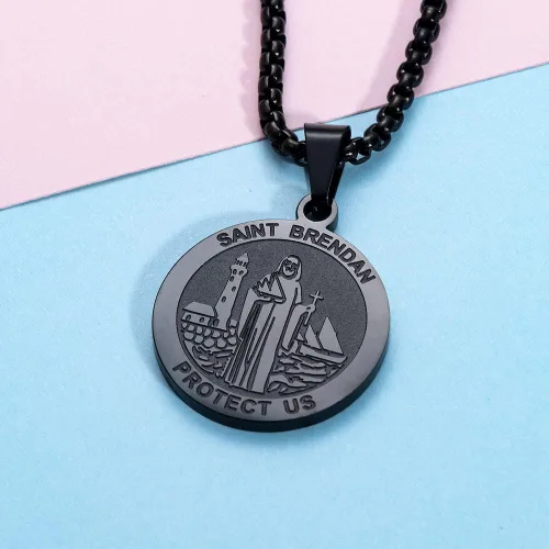 Vista 2 de Wolentty Saint Brendan Necklace - 1" Stainless Steel Catholic St. Brendan Medal Pendant with 24" Chain