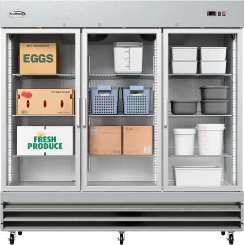 Vista 12 de KoolMore Congelador vertical comercial de acero inoxidable con puertas de vidrio de cierre automático, 6 estantes de almacenamiento, ruedas
