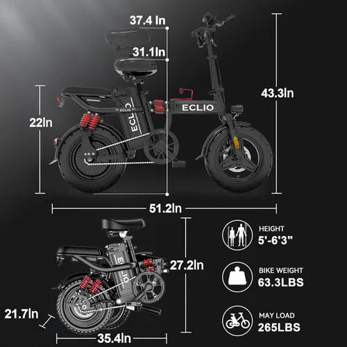 Vista 8 de DDC SPORT Folding Electric Bike, Peak 800W Motor 20MPH,48V 14Ah Removable Battery 55Miles Ebike,14'' Lightweight Adults Electric Bicycles for