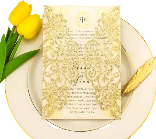 Vista 11 de 50 tarjetas de invitación de boda de 5 x 7 pulgadas, cortadas con láser, solo bolsillo, sin sobre, sin inserto para boda, despedida de soltera Oro