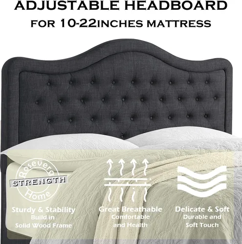 Vista 2 de Rosevera Turin Linen - Cama tapizada con paneles con cabecero ajustable con botones para dormitorio, tamaño Queen, carbono