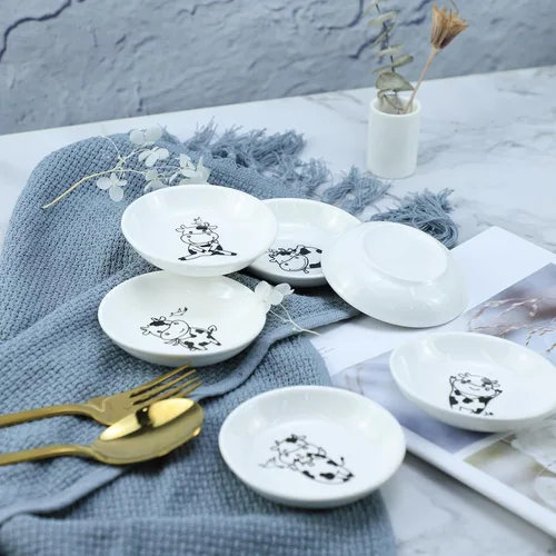 Vista 4 de Divertidos platos de cerámica con diseño de vaca y pájaro de caricatura, platos de condimentos, cuencos de sushi y soja, platos de aperitivo, platos
