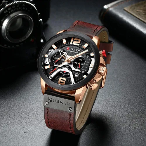 Vista 4 de CURREN - Reloj analógico de cuarzo para hombre, reloj de pulsera con correa de piel, resistente al gua y a la moda