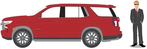 Vista 2 de ModelToyCars Tahoe LT Texas Edition 2022 con traje de hombre, color rojo - Greenlight 97140F - Coche fundido a presión a escala 1/64