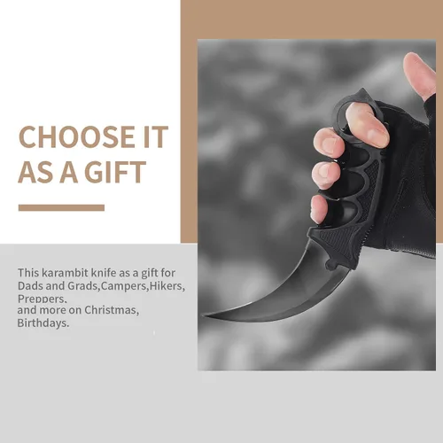 Vista 3 de Cuchillo Karambit de hoja fija de 3 piezas, herramienta de campamento, cuchillo de caza al aire libre con funda y cable, adecuado para senderismo