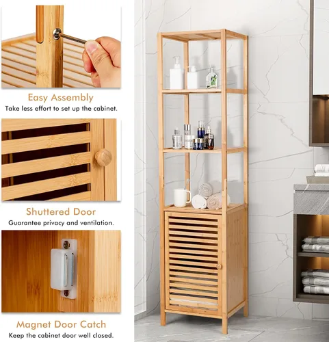 Vista 5 de LOKO Gabinete alto de bambú, gabinete de almacenamiento estrecho para baño con estantes de 3 niveles y puerta de obturador, gabinete de torre