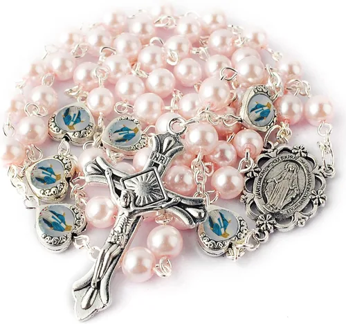 Vista 4 de HanlinCC Cuentas de perlas de vidrio con corazón epoxi milagroso collar de rosario en bolsa de regalo de terciopelo con tarjeta de oración