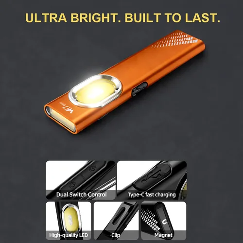 Vista 3 de BELNOR - Linterna LED recargable, linterna plana de bolsillo delgada de 700 lúmenes con COB magnético, luz UV, carga USB-C, mini linterna EDC Naranja