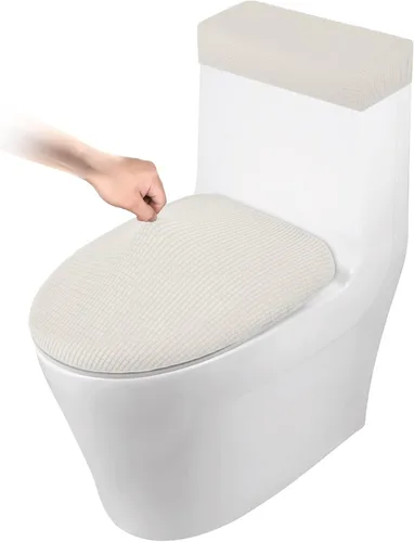 Vista 18 de Funda elástica para tapa de inodoro y funda para tanque de inodoro, juego de cubiertas elásticas para baño, tela de poliéster y elastano jacquard