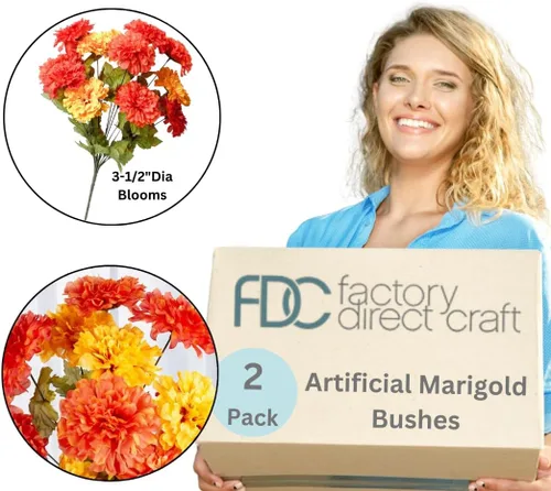 Vista 2 de Factory Direct Craft Juego de 2 arbustos artificiales de caléndula de seda de poliéster para el Día de Muertos, Día de Muertos, flores de caléndula