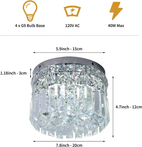 Vista 4 de Mini candelabro redondo moderno de cristal empotrado de 7.8 pulgadas, lámpara de techo de 4 luces G9 para armario, vestíbulo, pasillo, dormitorio