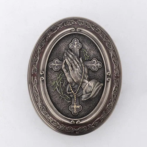 Vista 5 de Veronese Design 2 1/2 pulgadas de alto, mano orante, forma ovalada, caja de baratija, escultura de resina bronceada, escultura religiosa