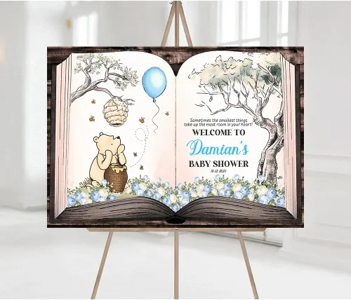 Vista 14 de Letrero de bienvenida personalizado de Bear Pooh para baby shower, regalos clásicos personalizados para bebés, niños y niñas, decoraciones de oso #12