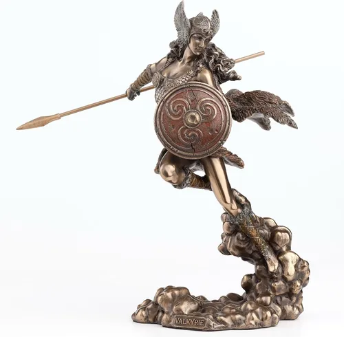 Vista 2 de Escultura de estatua de lanza y escudo de diosa nórdica Valkyrie de 9.25 pulgadas