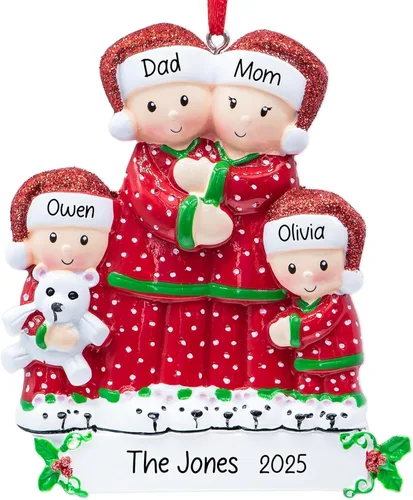 Vista 8 de Adorno de Navidad personalizado de PJ Family of 3 2025 Decoración familiar de pijamas para árbol de Navidad – Recuerdo personalizado único