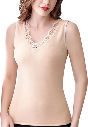 Vista 11 de Flygo Ropa interior térmica para mujer, camisas térmicas de encaje con forro polar y cuello en V
