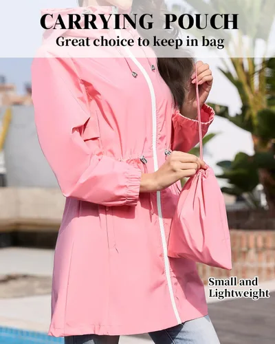Vista 4 de Century Star Chubasqueros ligeros para mujer, chaqueta rompevientos impermeable para mujer, abrigo impermeable plegable con capucha