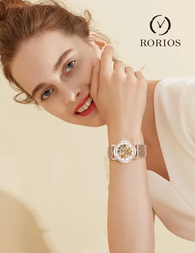 Vista 2 de RORIOS Reloj mecánico automático de las mujeres Auto-Winding Esqueleto Dial Correa de acero inoxidable Señoras Relojes de pulsera